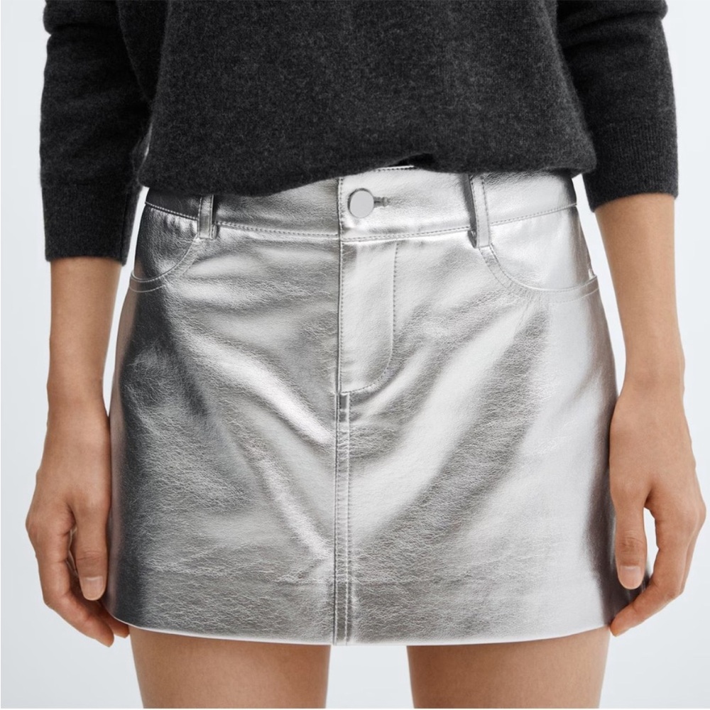 MNG mango silver metallic leather effect mini skirt NWT Sz M as is